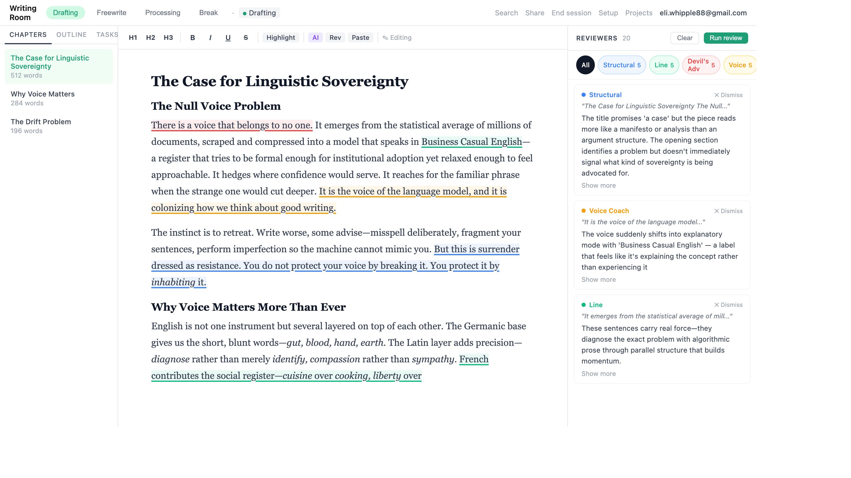 Writing Room drafting editor with reviewer panel
