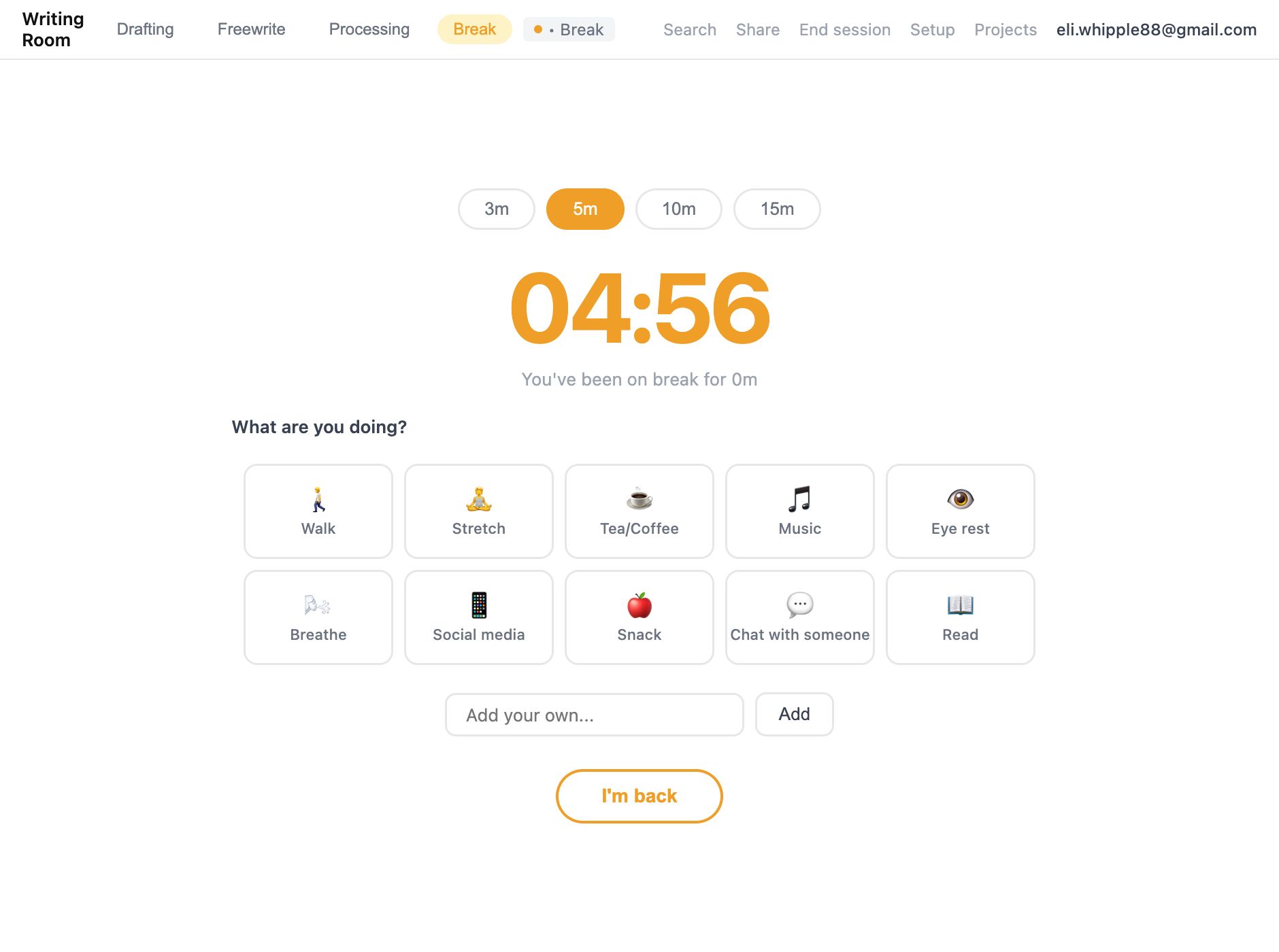 Break Room with timer and activity picker