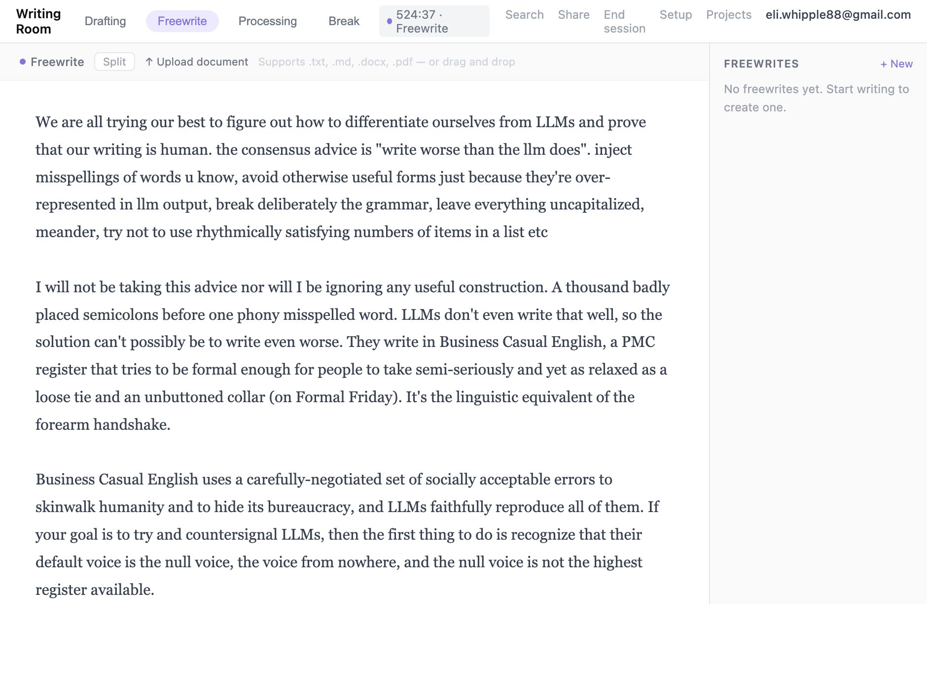 Freewrite Room with stream of consciousness text